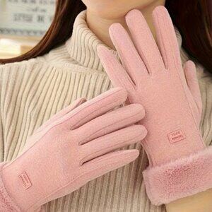 Pink Thermal Faux Suede Gloves with Faux Fur Cuff & Touch Screen Capatible